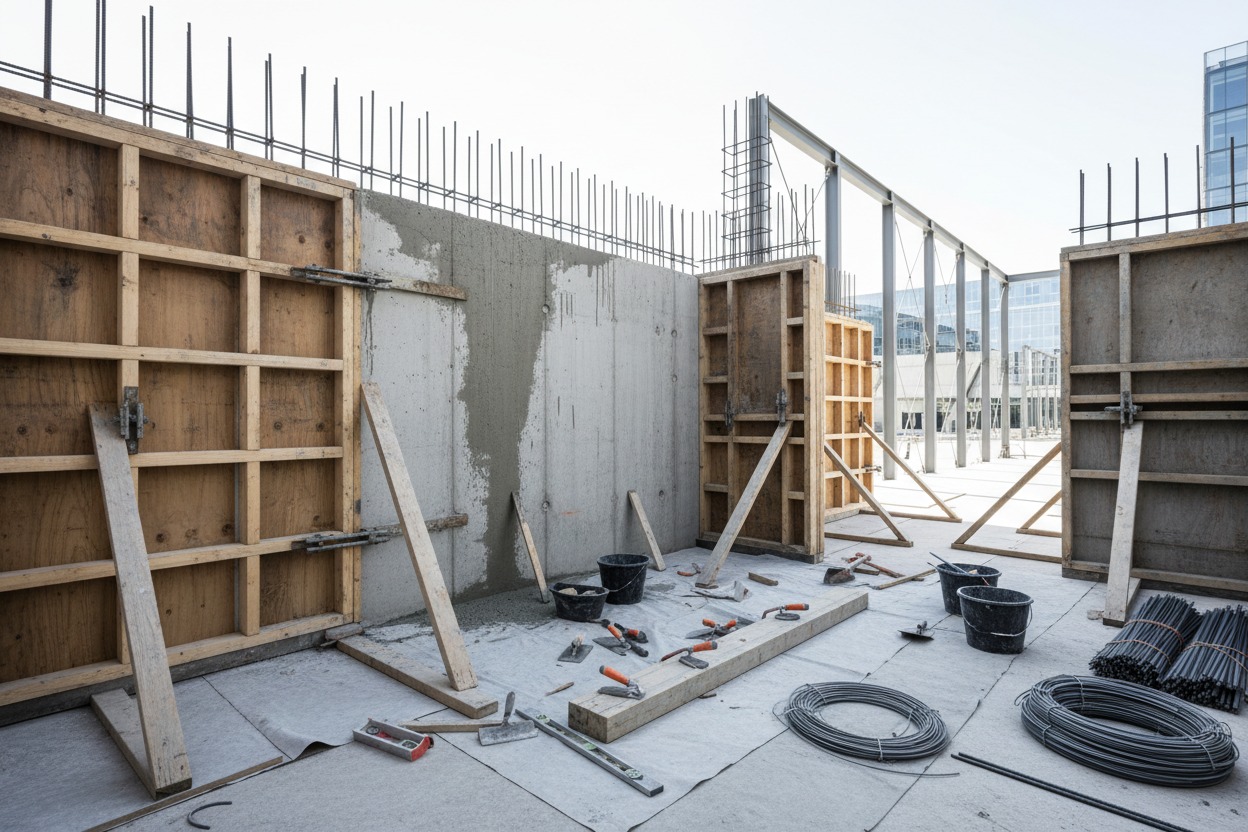 Eine Baustelle mit frisch betonierten Wänden und Schalungen aus Holz.